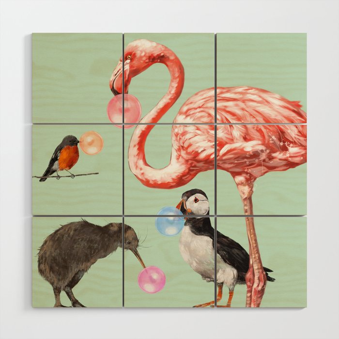 Bubble Gum Birds Gang in Green Wood Wall Art by Big Nose Work | Society6