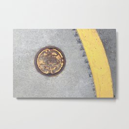 Yellow Curve Metal Print | Sharilynnbennett, Metalcover, Curb, Yellow, Water, Street, Photo, Manholecover, Gray, Wornpaint 