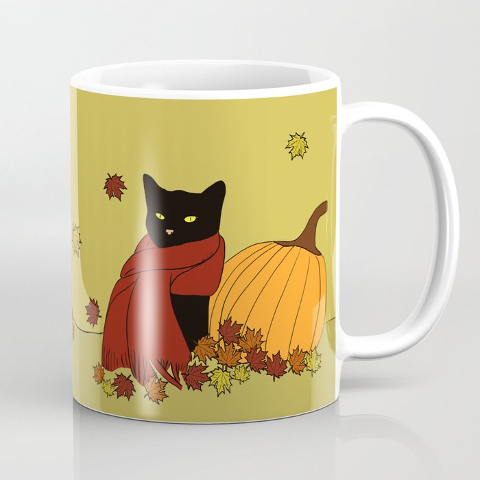 Cascade The Black Cat In Red Scarf With Pumpkin - Fall Coffee Mug | Drawing, Black-cat-fall, Black-cat-fall-decor, Cat-fall-decor, Cat-with-pumpkin, Cat-and-pumpkin, Cat-with-scarf, Cat-with-red-scarf, Melinda-todd, Porch-fall-decor