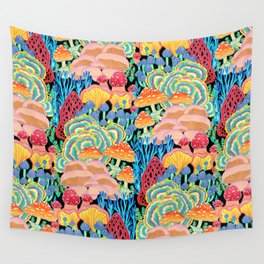 Fungi World (Mushroom world) - BKBG Wall Tapestry | Bright, Blossom, Acrylic, Botanical, Modern, Forest, Fungi, Colorful, Floral, Pop Art 