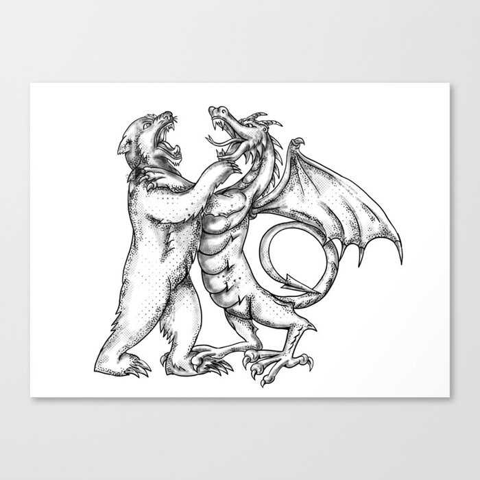 Grizzly Bear Fighting Chinese Dragon Tattoo Canvas Print By