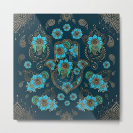 Hamsa Hand -Hand of Fatima Floral Ornament Metal Print | Graphicdesign, Eye, Handamulet, Khamsa, Amulet, Middleeast, Teal, Mhendi, Symbol, Handofmiriam 