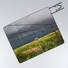 Barbed Wire and Flowers - Country Scenery on Stormy Day in Texas Picnic Blanket