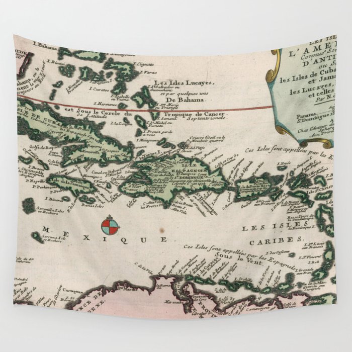 Vintage Map of The Caribbean (1705) Wall Tapestry by BravuraMedia 
