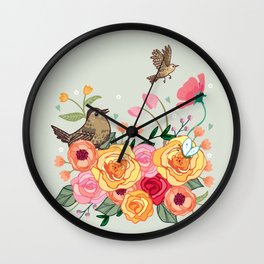 Jenny Wren in a Rose Garden Wall Clock | Brightfloral, Drawing, Wren, Rosegarden, Retroflowers, Yellowroses, Summerflowers, Rustic, Gardenbirds, Gardenflowers 