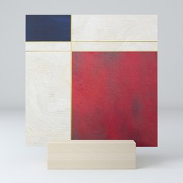 Blue, Red And White With Golden Lines Abstract Painting Mini Art Print