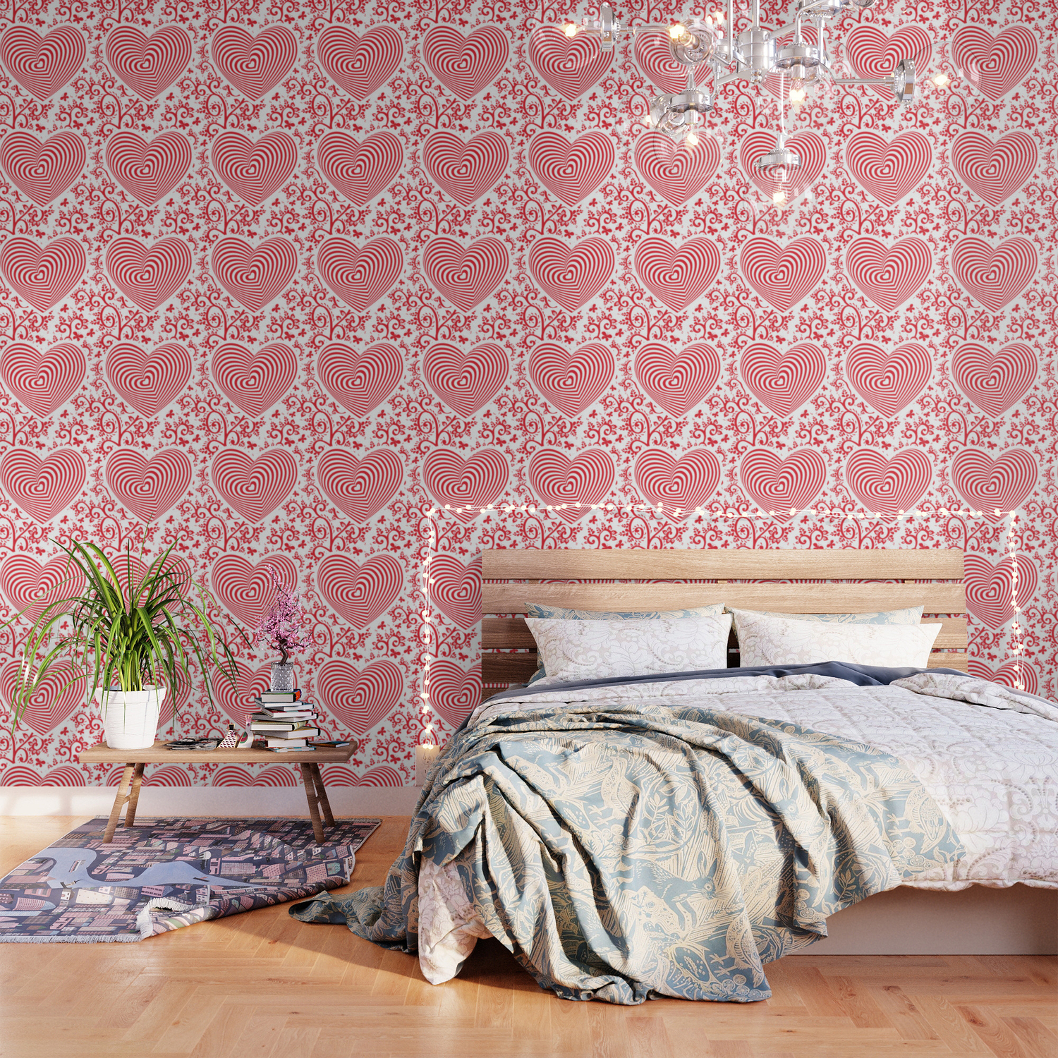 Red White Heart On Red Floral Ornament Background Optical