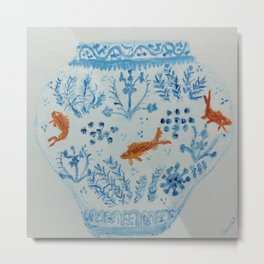 Goldfish Ginger Jar  Metal Print | Chinoiserie, Oriental, Bubbles, Chinoise, Dynasty, Seaweed, Jar, Lightblue, Orange, Fish 