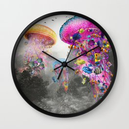Electric Jellyfish in a Misty Mountain Wall Clock | Digital, Fish, Art, Colourful, World, Digital Manipulation, Fantasy, Jellyfish, Pop, Weird 