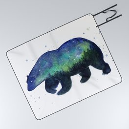 Polar Bear Silhouette with Northern Lights Galaxy Picnic Blanket