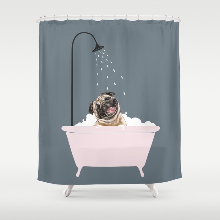 Laughing Pug Enjoying Bubble Bath Shower Curtain
