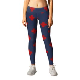 Red Swiss Cross Pattern on Navy Blue background Leggings | Red, Pattern, Scandinavian, Crosspattern, Navy, Stroke, Minimalist, Graphicdesign, Hipster, Abstract 