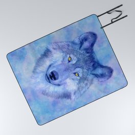 Sky blue wolf with Golden eyes Picnic Blanket