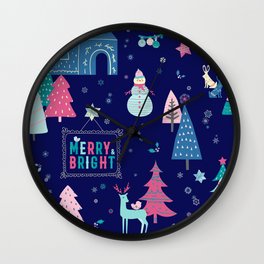 Merry and Bright Christmas Village Holiday Wonderland Pattern Wall Clock | Snowflakes, Foresttrees, Xmaspresents, Seamless, Colorfulwoodland, Cozywinter, Cheerfuldecor, Deer, Graphicdesign, Snowman 