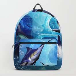 Marlin Backpack | Fun, Plant, Underwater, Watersplash, Animal, Painting, Sea, Ocean, Fish, Illustration 