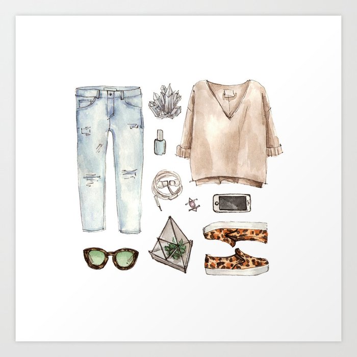 Watercolor Sketch Fashion Outfit Casual Style Art Print By
