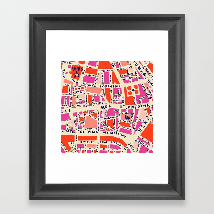 paris map pink Gerahmter Kunstdruck | Drawing, Illustration, Graphic-design, Karte, Street, Paris, France, French, Road, City
