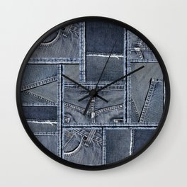 Blue Jeans Denim Patchwork Pattern Wall Clock | Seam, Fabric, Patchwork, Casual, Young, Pattern, Fashionable, Blue, Distressed, Textile 