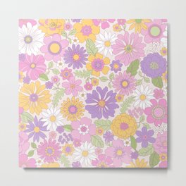 Colourful 70s Retro Floral Pattern Metal Print | Colorful, Pattern, Illustration, Modernflora, Digital, Yellow, Pink, Bright, Seamless, Girly 