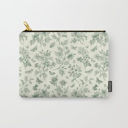 Toile de Jouy Wild Roses & Butterflies Forest Green Floral Carry-All Pouch | Farmhouse, Cream, Girly, Painting, Whimsy, Antique, Whimsical, Trendy, Wildlife, French 