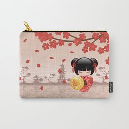 Japanese Red Sakura Kokeshi Doll Carry-All Pouch | Red, Digital, Kawaii, Cartoon, Umbrella, Kokeshi, Cute, Kimono, Illustration, Sakura 
