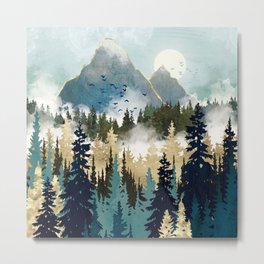 Misty Pines Metal Print | Digital, Wanderlust, Moon, Wilderness, Fog, Bohemian, Birds, Graphicdesign, Contemporary, Sun 