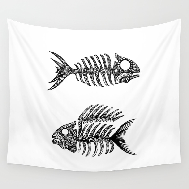 Original Artwork Fish Bone Print Abstract Ink Painting Summer