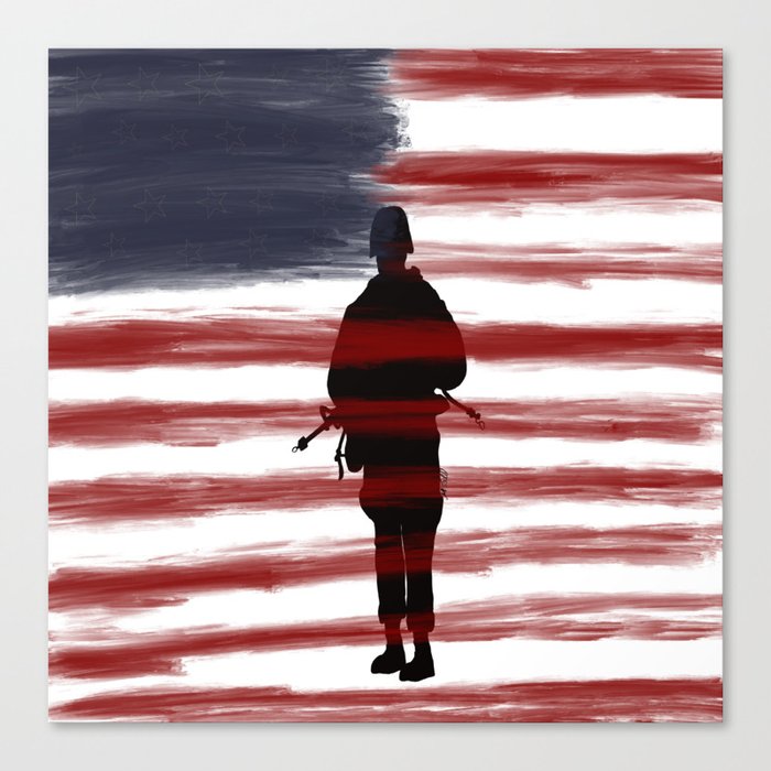 Soldier and Flag - Patriotic Canvas Print | Drawing, Digital, Patriot, Patriotic, Flag, Gift, Holiday, American, American-flag-art, American-soldier-art