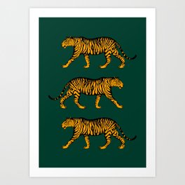Tigers (Dark Green and Marigold) Art Print | Cats, Panthera Tigris, Curated, Drawing, Big Cats, Animal, Wild, Stripes, Feline, Green 