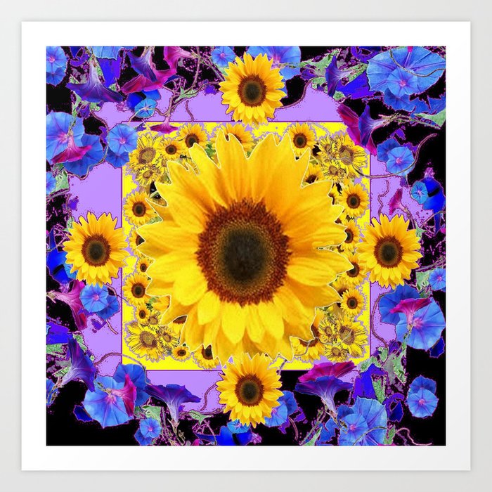 Blue Morning Glories Sunflowers Black Purple Abstract Art Print By