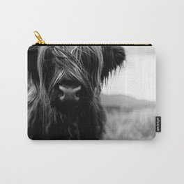 Scottish Highland Cattle Baby - Black and White Animal Photography Carry-All Pouch | Bnw, Wilderness, Wildlife, Cattle, Scottish, Calf, Black And White, Furry, Fluffy, Animal 