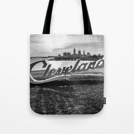 Cleveland Ohio Sign Lake Erie Skyline Black White Print Tote Bag