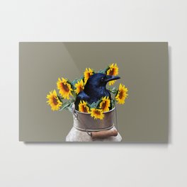 Raven in milk can with sunflowers Metal Print | Collage, Raven, Fantasy, Bird, Flower, Sunflower, Bottle, Cute, Leaves, Floral 