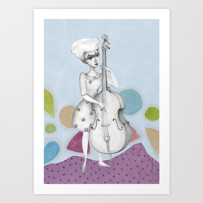 I bass play a song for you Art Print | Collage, Illustration, Music, Girl, Player, Bass, Circus, Clown, Song, Play