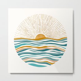 The Sun and The Sea - Gold and Teal Metal Print | Summer, Sunshine, Gold, Rays, Sky, Water, Sunset, Aqua, Sunrise, Sun 