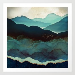 Indigo Mountains Kunstdrucke | Graphicdesign, Digital, Travel, Curated, Birds, Wanderlust, Nature, Mountains, Aqua, Mint 