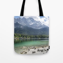Eibsee lake in Germany in front of the mountain Zugspitze during daytime Tote Bag
