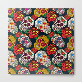 Mexican Sugar Skulls And Roses Pattern Metal Print | Mexico, Vintage, Illustration, Color, Calavera, Death, Roses, Dead, Mexican, Skull 