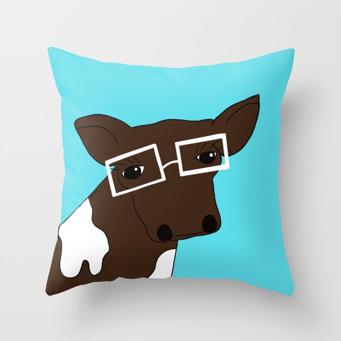 Matilda the Hipster Cow Throw Pillow | Drawing, Digital, Cow, Cow-art, Hipster-cow, Bovine, Bovine-art, Brown-and-white-cow, Fun-cow-art, Cow-with-glasses