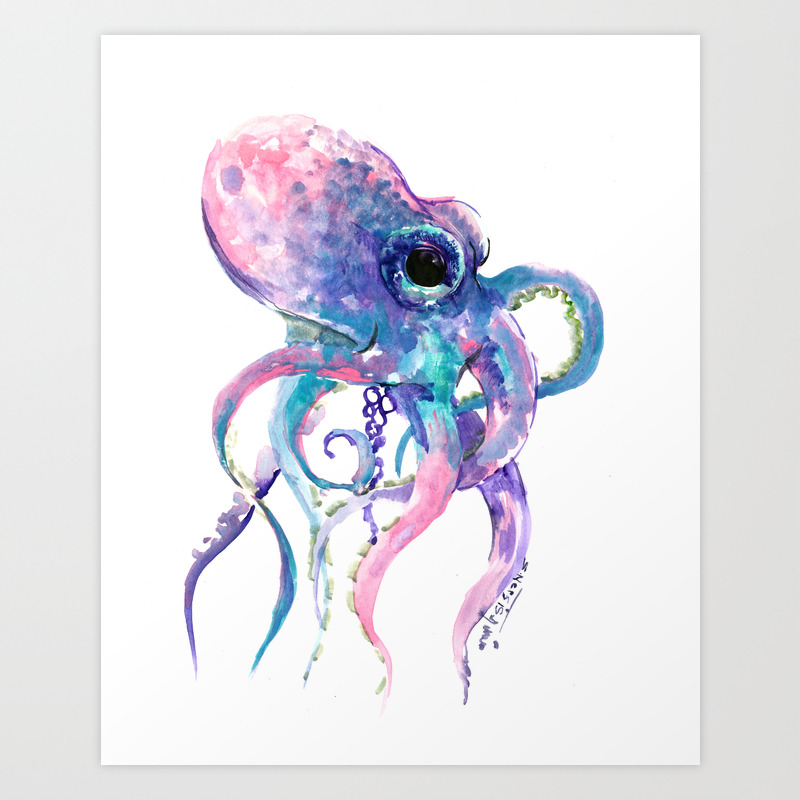Octopus, Pink purple sea animals design underwater scene painting Art Print  by SurenArt | Society6