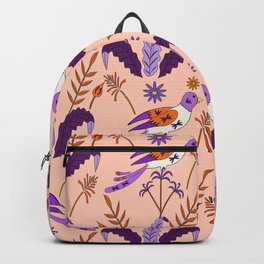 Purple and Orange Birds  Backpack | Birdapparel, Birdleggings, Coral, Pattern, Folk, Drawing, Birdwallart, Purple, Orange, Nature 