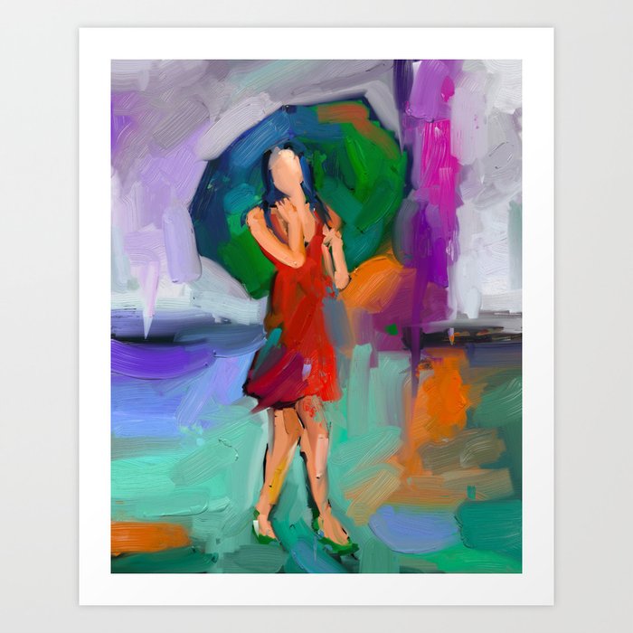 Abstract Figurative Painting Woman With Umbrella Art Print By