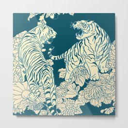 floral tigers Metal Print | Plants, Tigers, Punk, Digital, Cream, Flowers, Asian, Tiger, Teal, Yakuza 