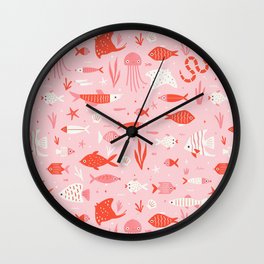 Tropical Fish Pattern Pink Wall Clock | Charlyclements, Curated, Oceanpattern, Drawing, Ocean, Surfacedesign, Diving, Jellyfish, Tropical, Pattern 
