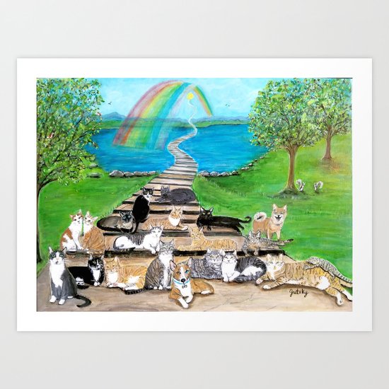 Rainbow Bridge Cats And Dogs Art Print By Paintingsbygretzky