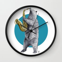 saxophone bear Wall Clock | Surrealism, Animal, Illustration, Other, Digital, Saxophone, Drawing, Music, Ink Pen, Sax 