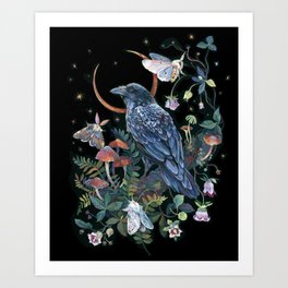 Moon Raven  Art Print | Forest, Night, Woods, Stars, Botanical, Painting, Mushrooms, Magical, Crow, Moon 
