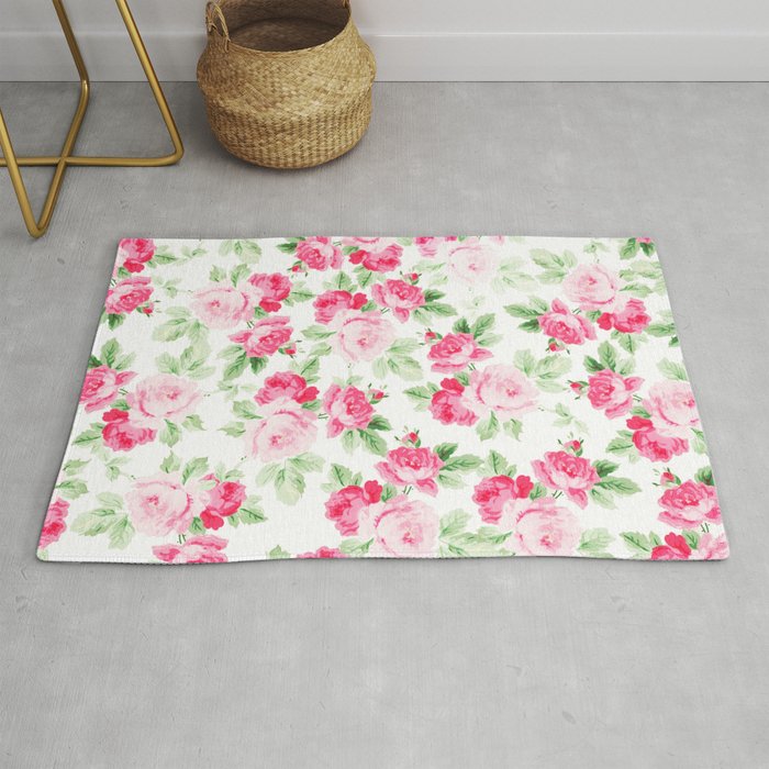 Romantic modern pink white trendy roses floral Rug by pink_water | Society6