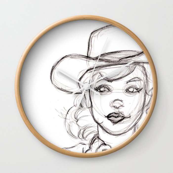 Pencil Drawing Sketch Of Retro Girl In Cowboy Hat Wall Clock By