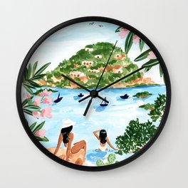 Somewhere in Italy Wall Clock | Summer, Positano, Travel, Ocean, Botanical, Watercolor, Tropical, Amalfi, Painting, Travelart 